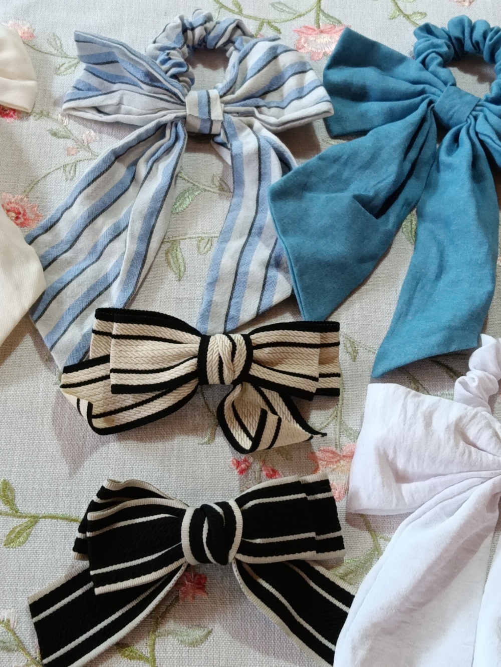 Kids Bow Hair Scrunchie Set - Blue, Light Blue, Black, Cream